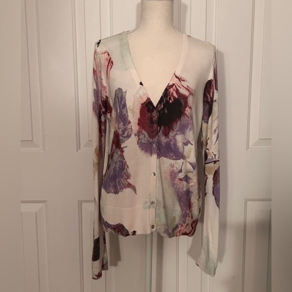 MEXX Women Cardigan, Flowers, White, Purple, Red, Size Large